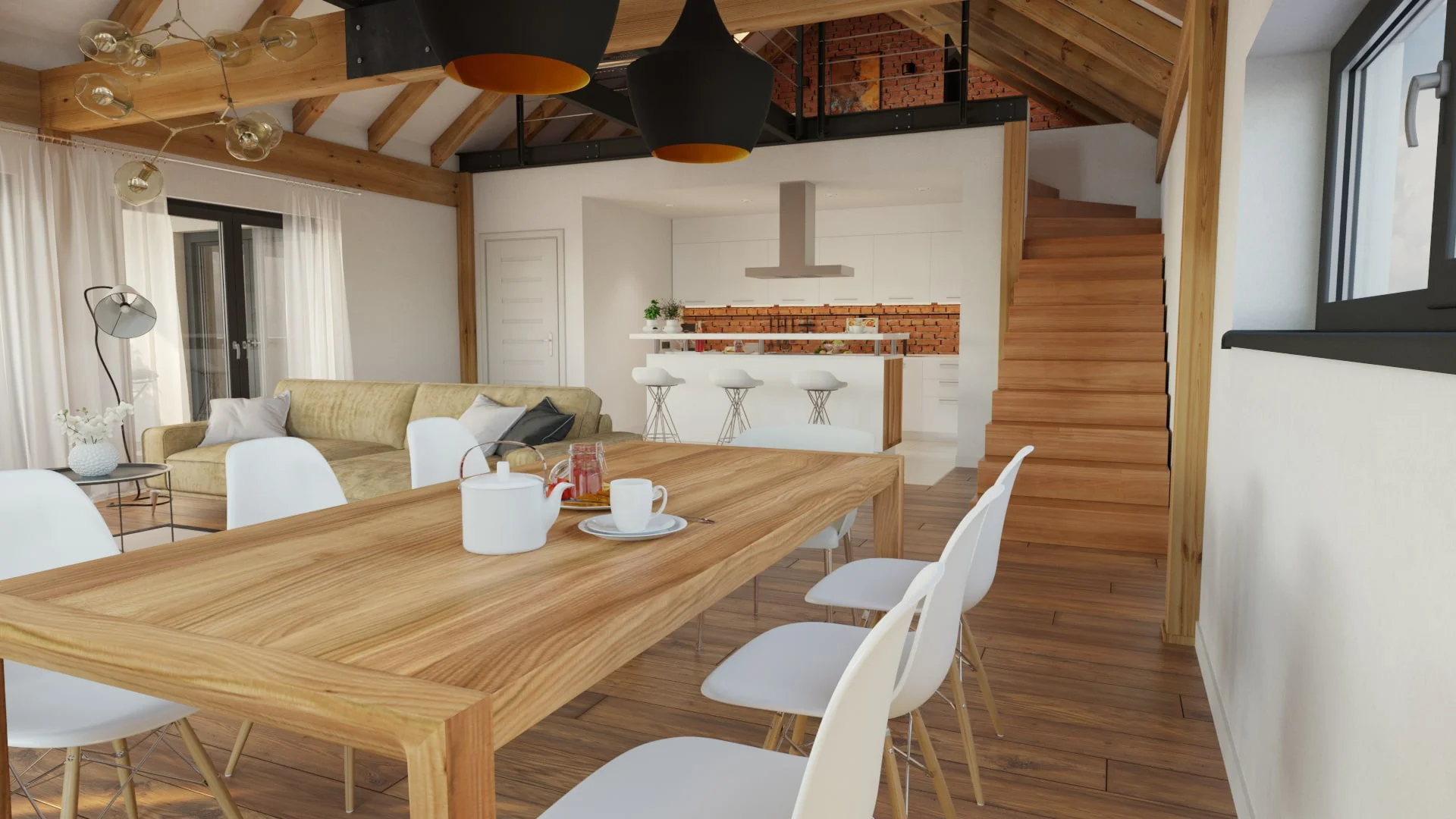 Architectural visualization. Interior visualization.  A living/dining/cooking room_02