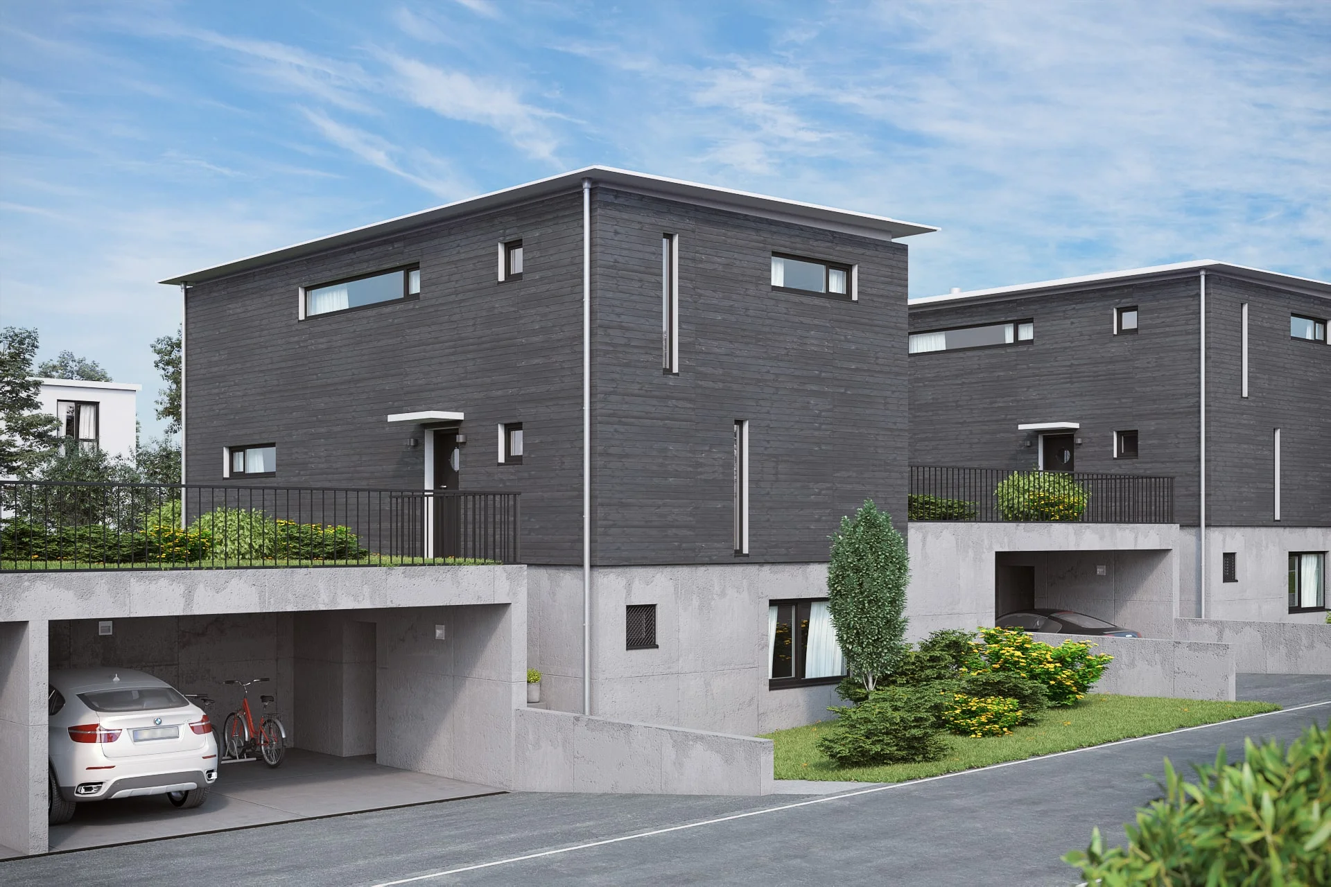 Architectural visualization. Single-family houses. Street view