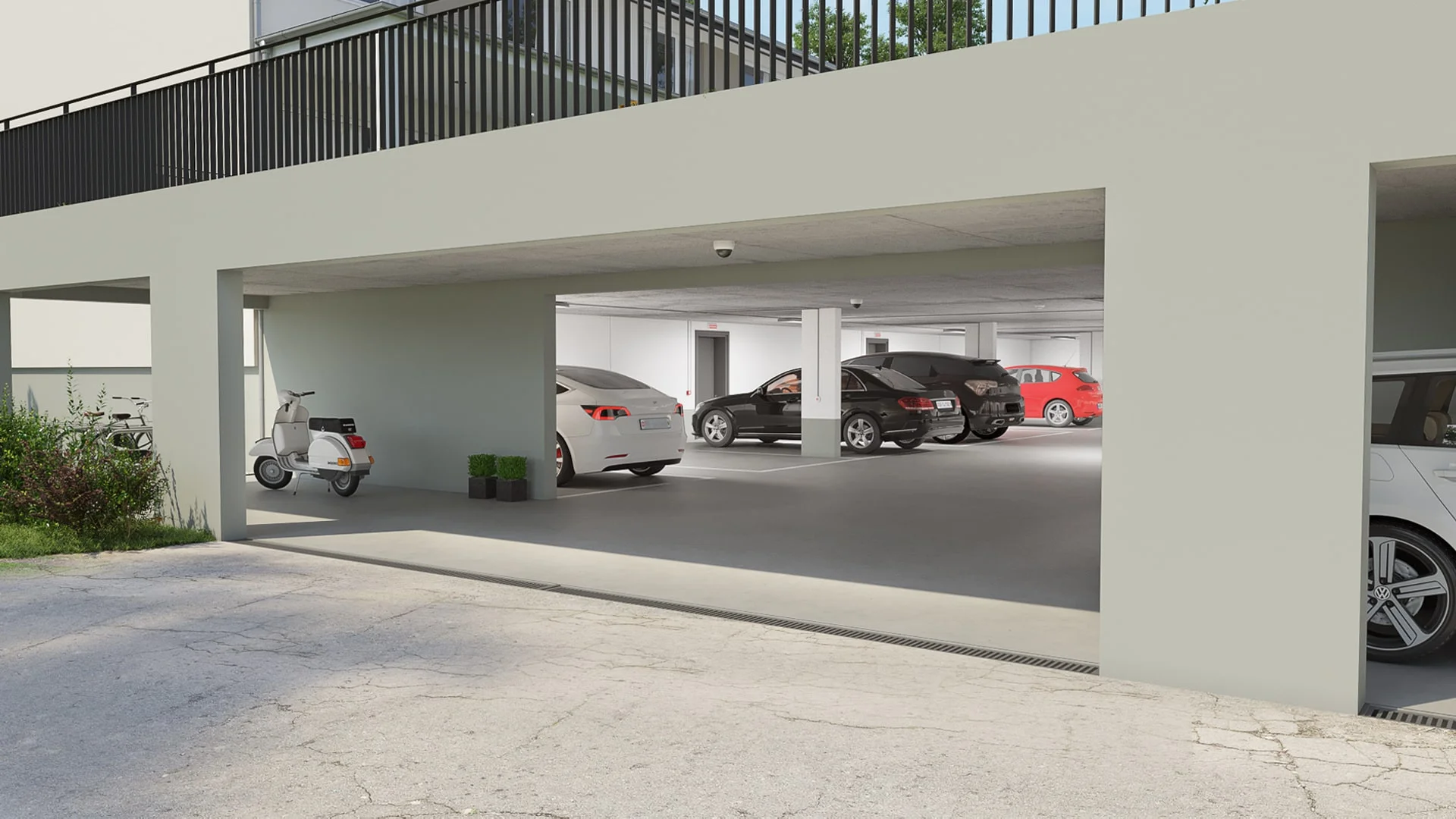 Architectural visualization. Townhouses. Garage