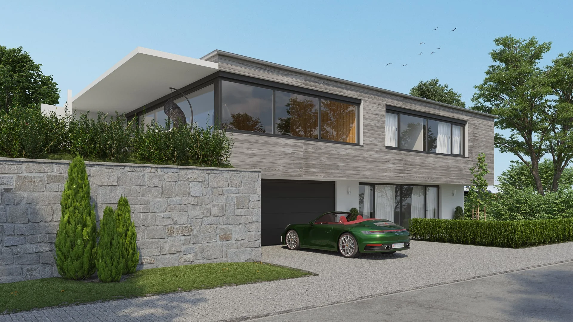 Architectural visualization. Single-family house. Street view