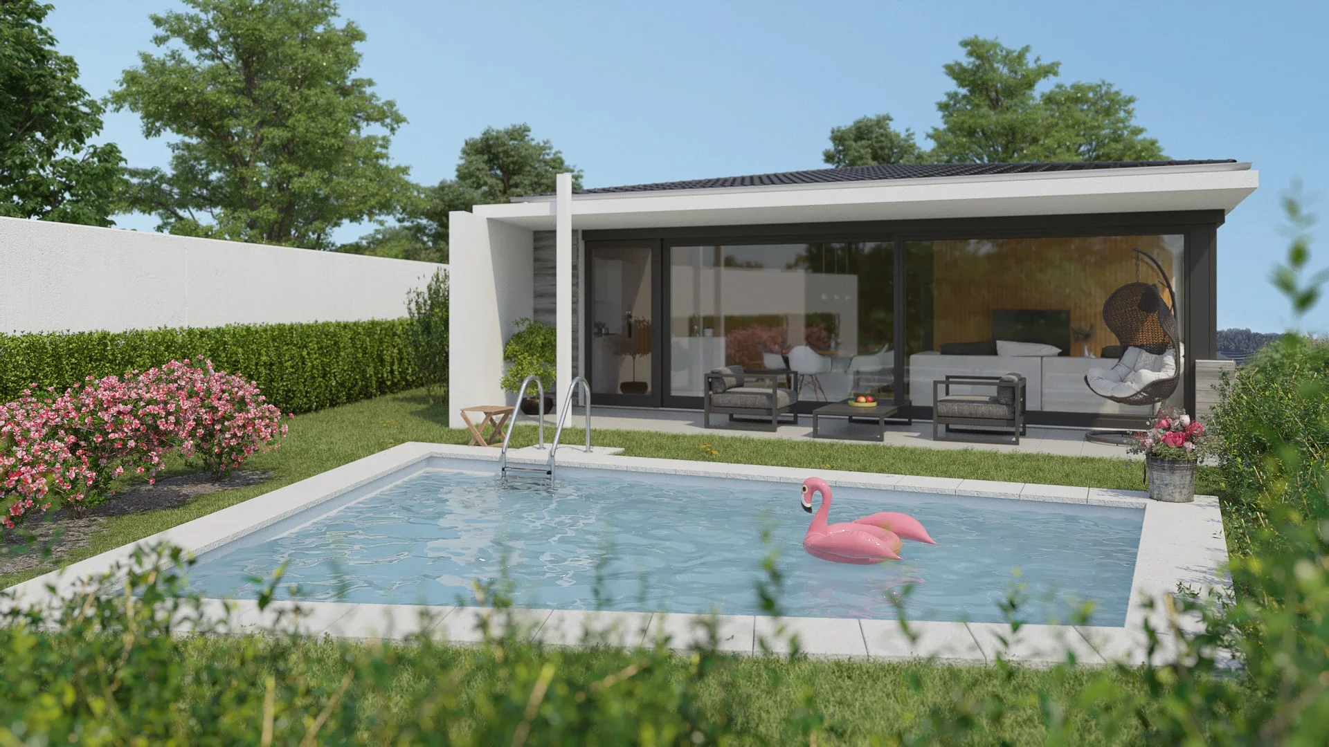 Architectural visualization. Detached house. View of a pool