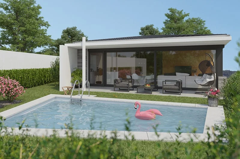 Architekturvisualisierung. Einfamilienhaus. Blick auf einen Pool