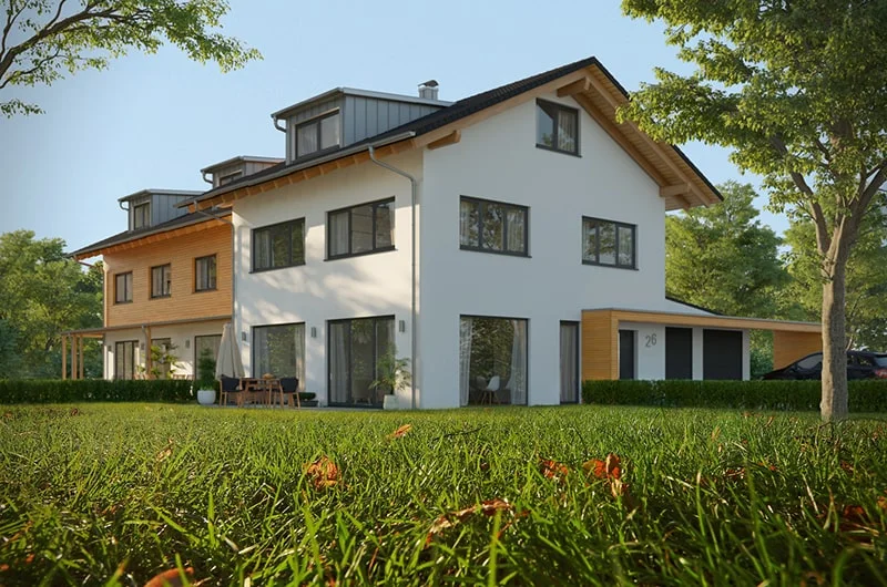 Exterior visualization. Two-family house. Rosenheim