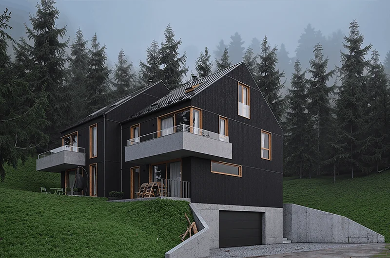 Exterior visualization. Two-family house. Duggingen
