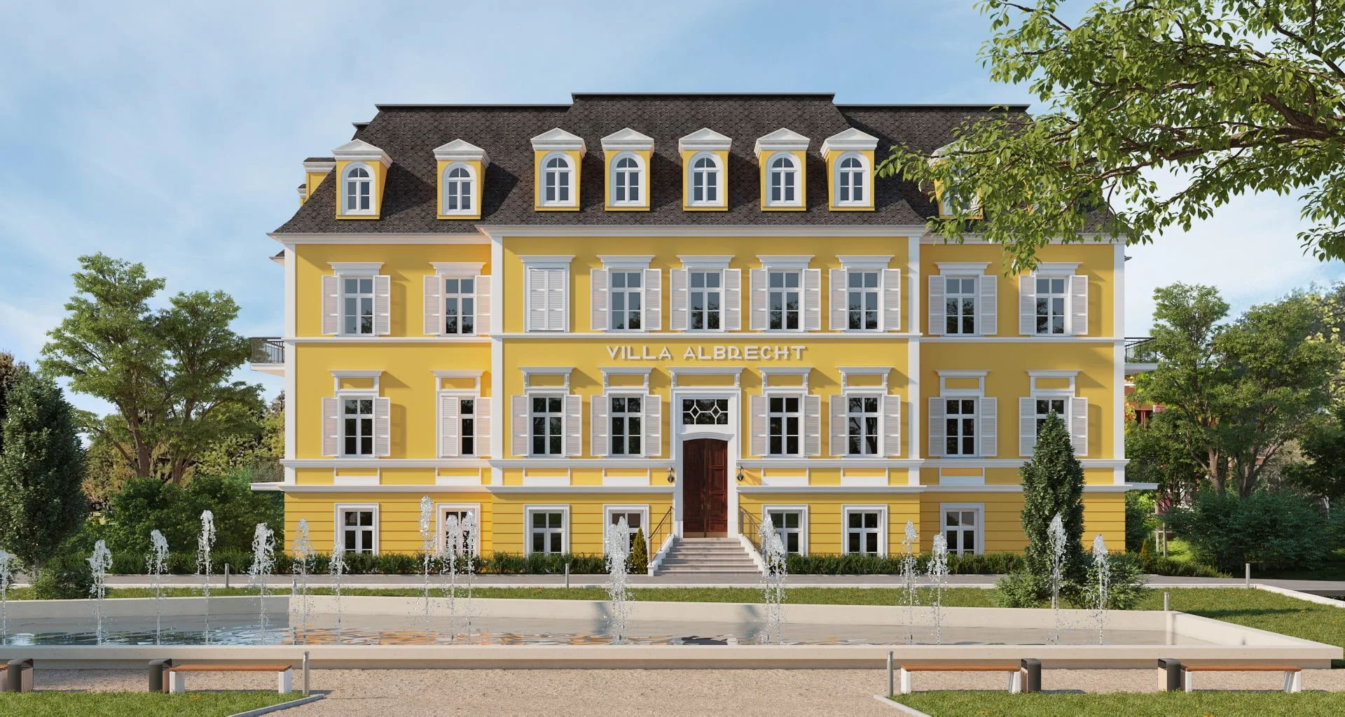 Architectural visualization. Villa Albrecht. Main view from the fountain